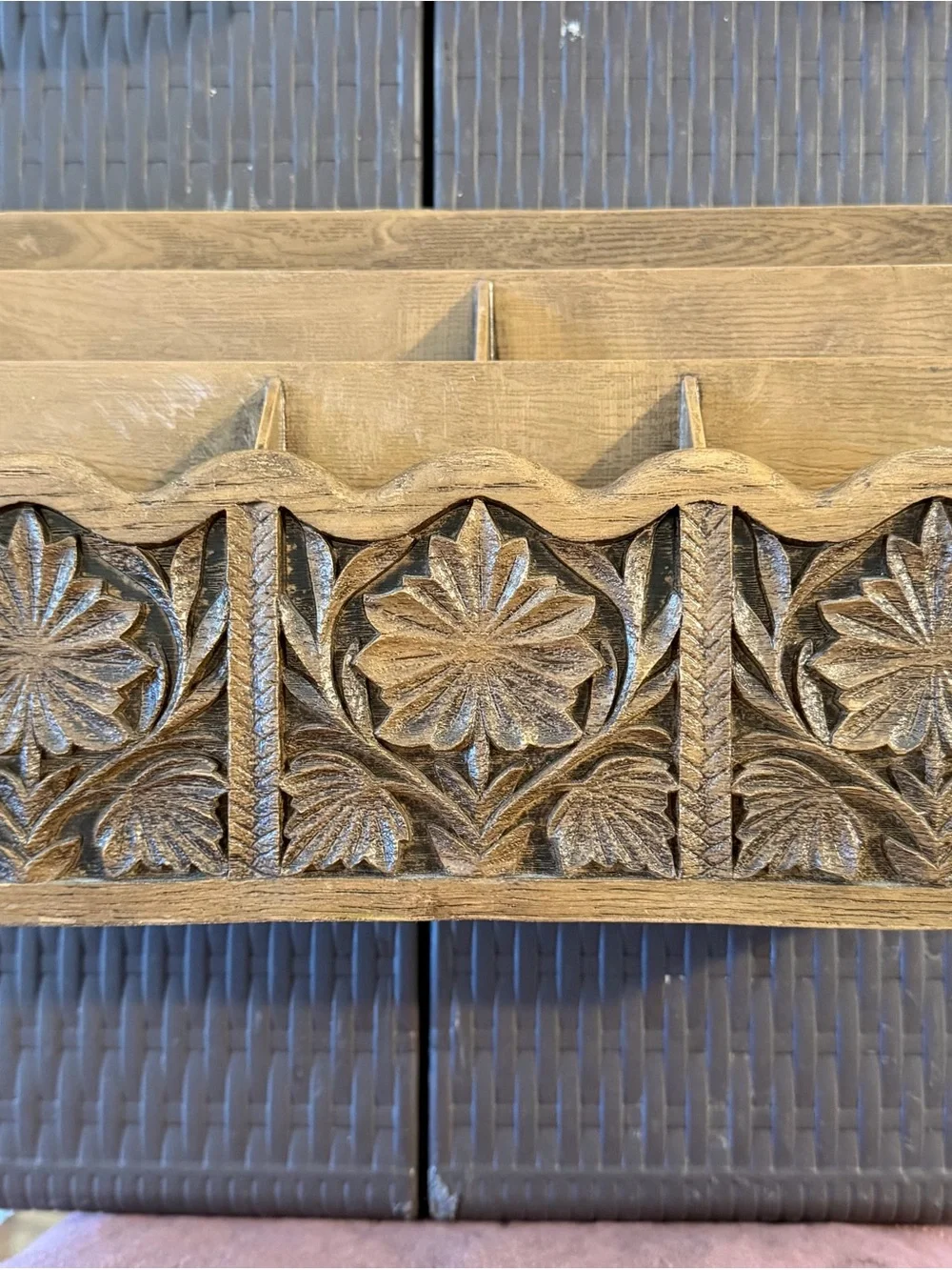 Hand-Carved Floral Wood Wall Panel in Natural Brown
